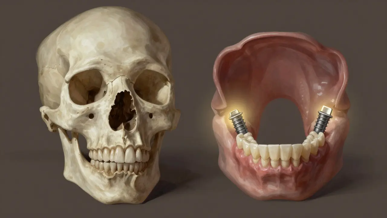 Porovnání atrofie čelisti a obnovy s implantáty — obličej se vracejí k přirozenému tvaru.