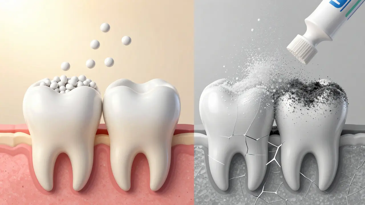 Porovnání bezpečného a nebezpečného mechanismu bělení zubů pod mikroskopem