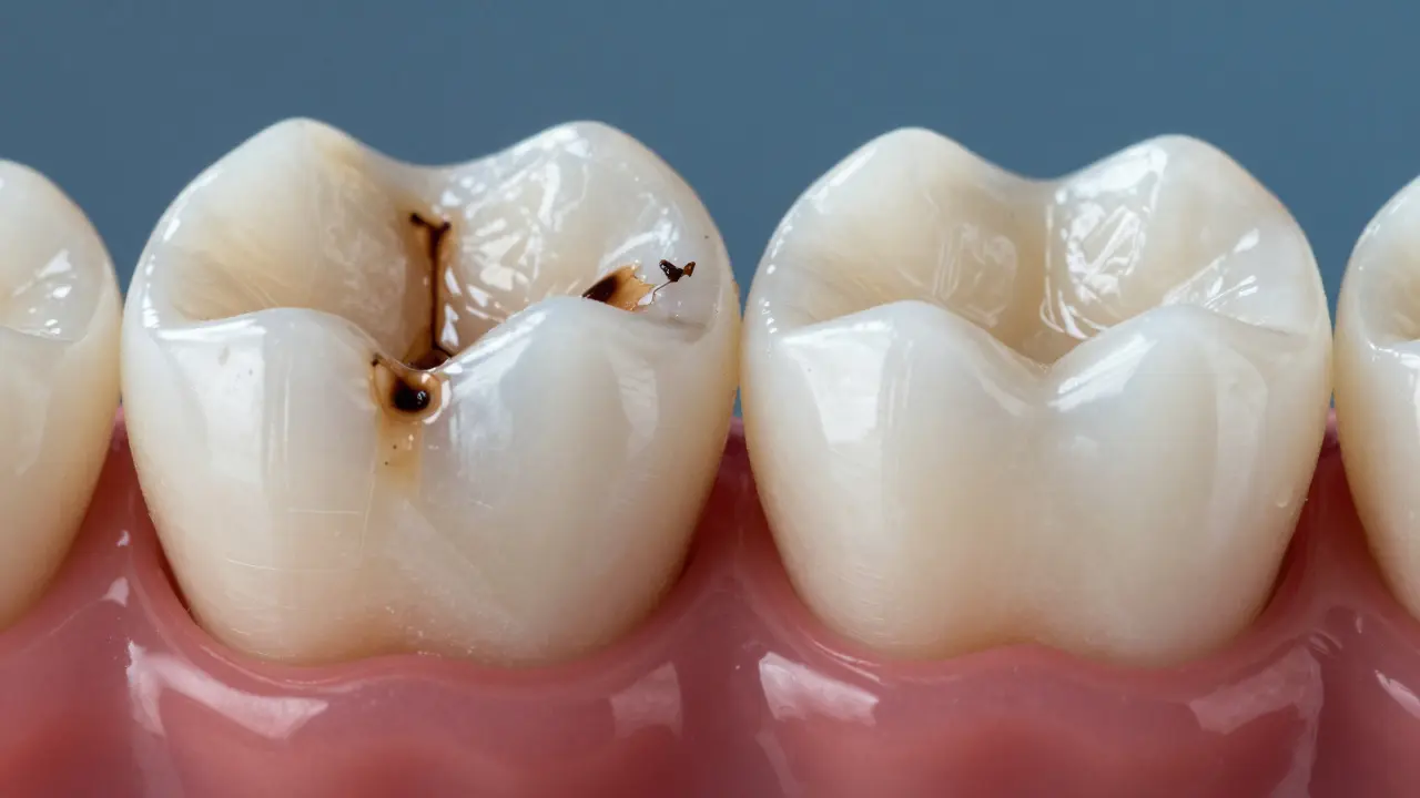 Porovnání poškozené a nové sklovinové plomby jako symbol péče a zanedbání.