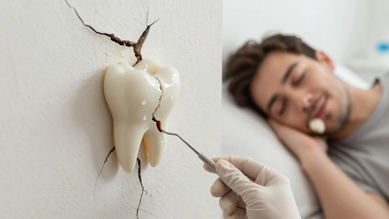Prasklina v zubu je symbolizována prasklinou ve zdi domu, která se rozšiřuje, zatímco zubař ji opravuje.