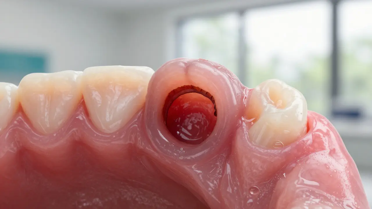 Přesný pohled na hojící se dásňovou část s krevní sraženinou, zdravá tkáň v pozadí.