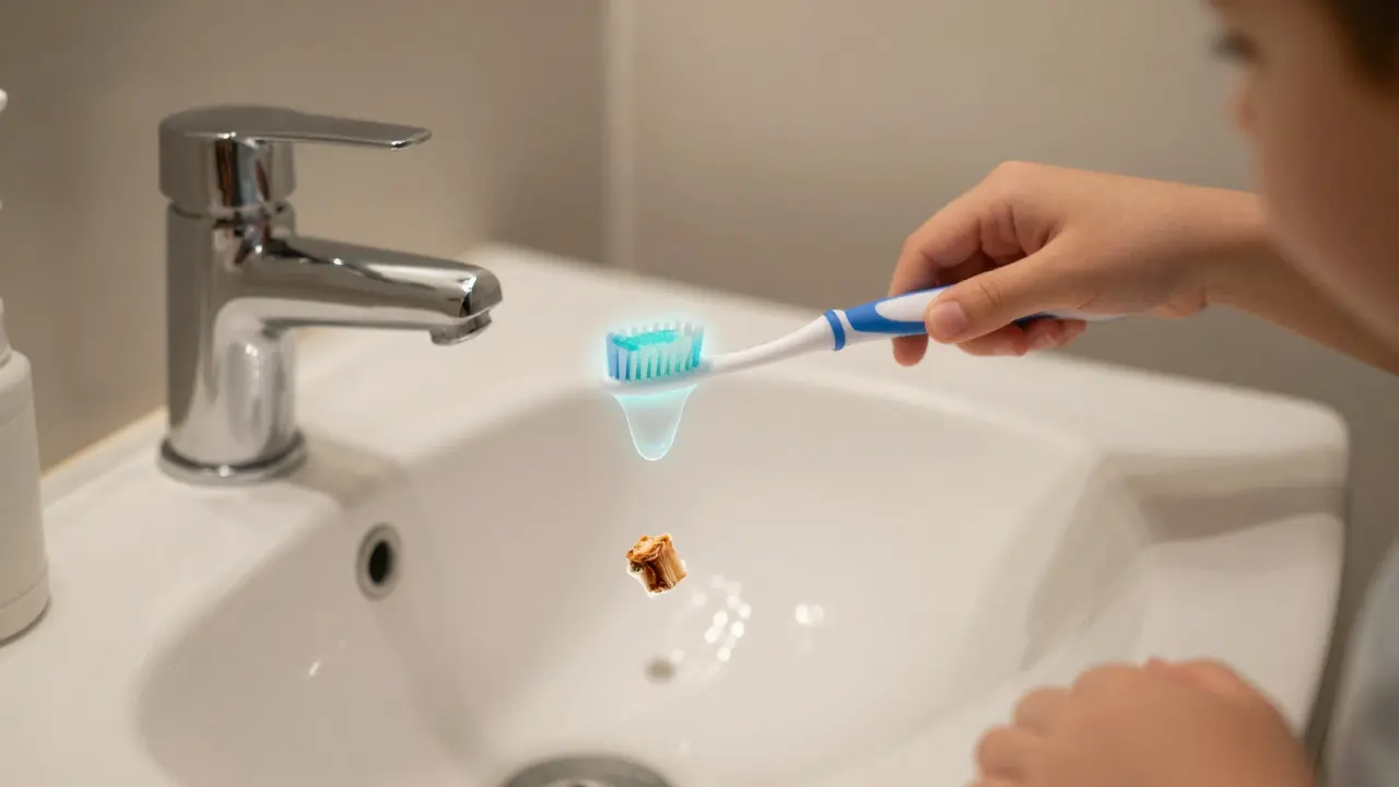 Rodič a dítě čistí zuby spolu, fluoridový gel chrání zuby před kamenem.