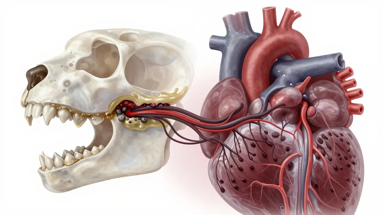 Schematický vývoj zubního kamene a šíření bakterií do těla kočky.