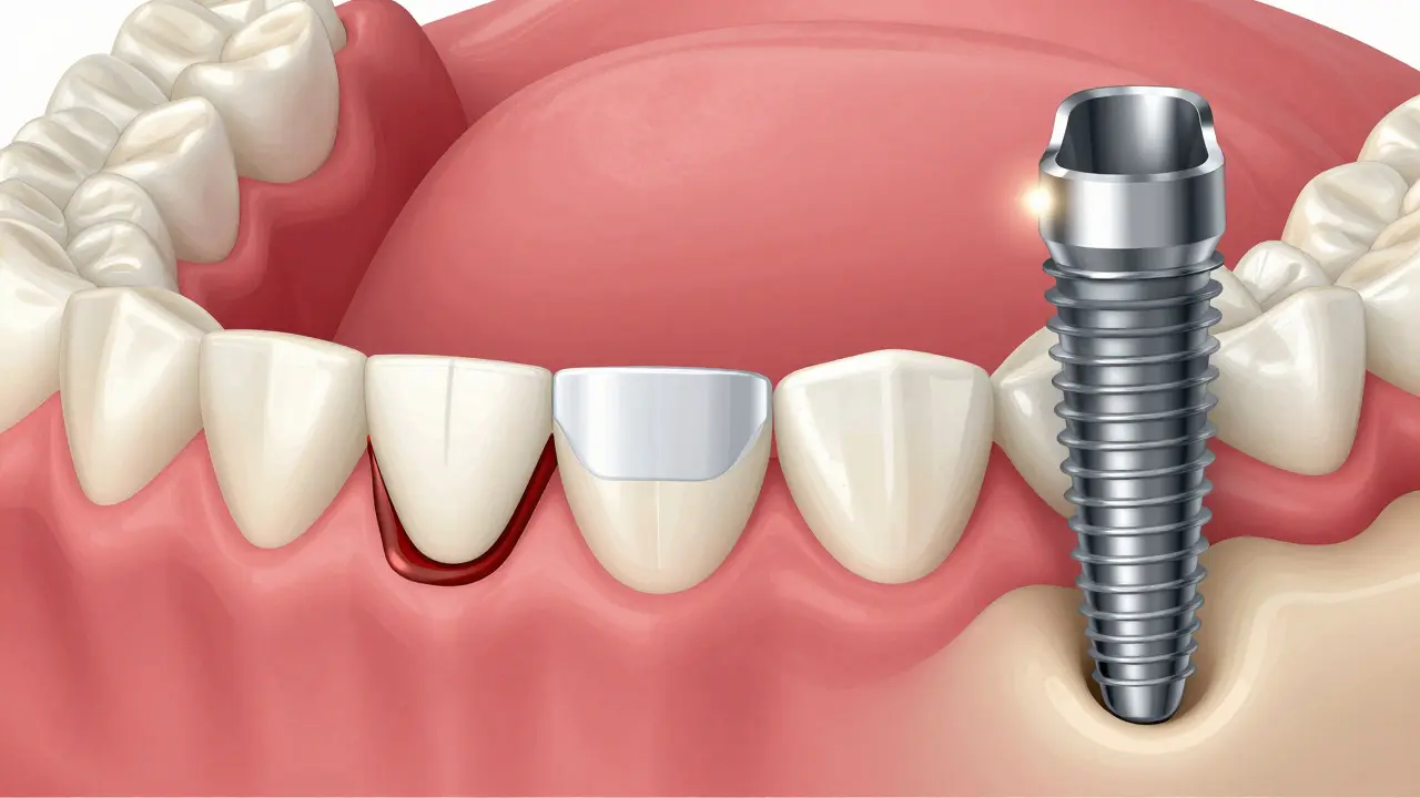 Side-by-side comparison of damaged bridge, temporary bridge, and dental implant with healthy bone.