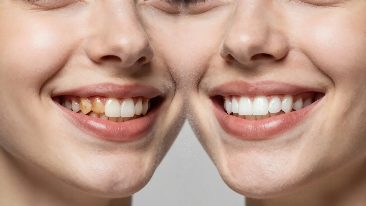 Split-face illustration showing stained teeth transforming into radiant teeth with floating cleansing particles.