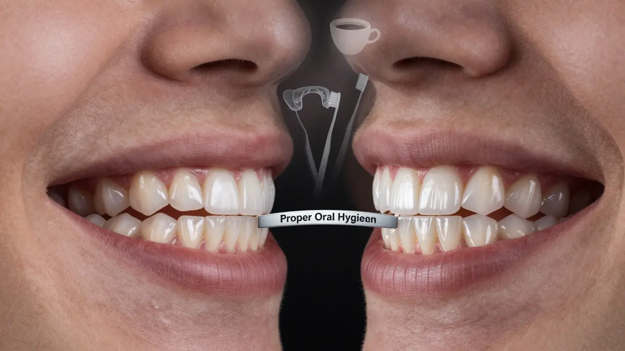 Split smile showing natural teeth versus veneered teeth, with symbols of oral hygiene floating behind as a conceptual contrast.