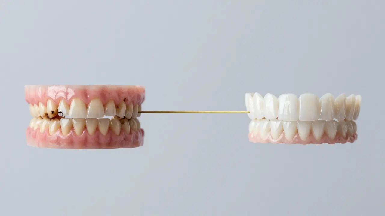 Srovnání před a po: poškozené zuby na levé straně, dokonalé fazety na pravé.