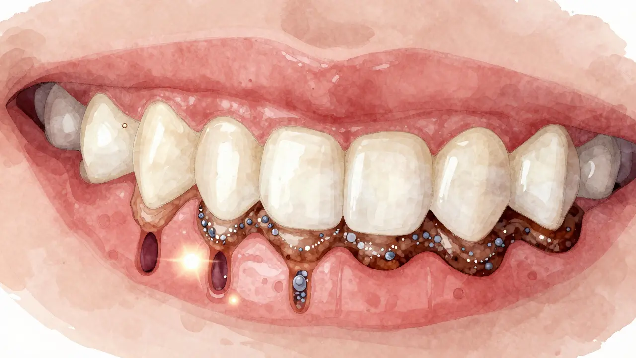 Srovnání zdravého zubu a zubu s nánosem zubního kamene u dítěte.