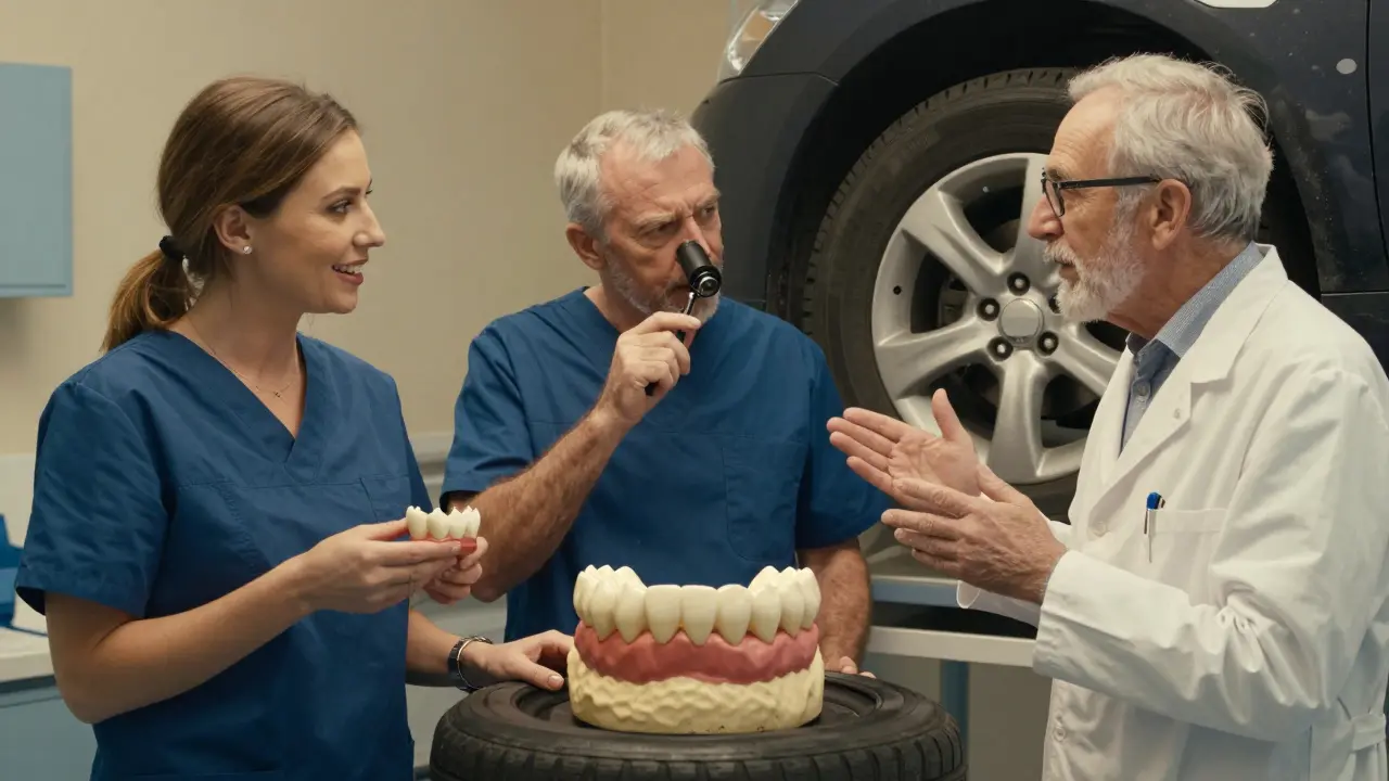 Three dentists illustrating contrasting views on veneers: one supportive, one warning about plaque, one using a car metaphor.
