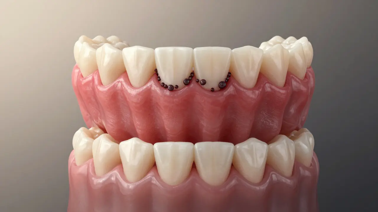 Tři fáze pokročilého zánětu dásní: zdravé, zánětlivé a poškozené tkáně s rozpadající se kostí kolem zubu.