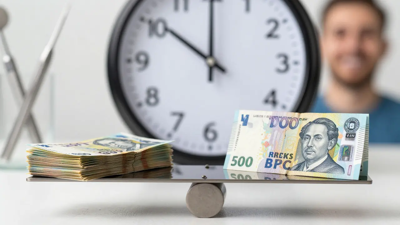 Váha s levnou a drahší fazetou — jedna se rozpadá, druhá září jako přirozený zub.