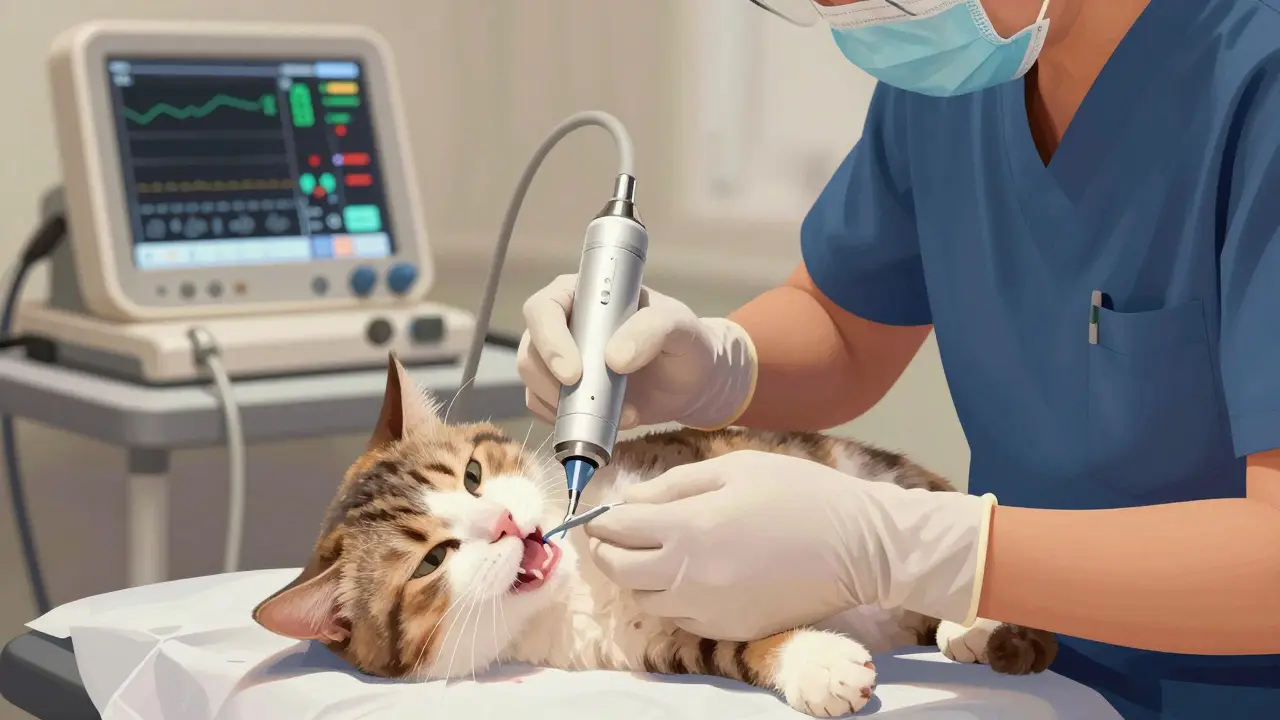 Veterinář čistí zuby kočky pod anestézií pomocí ultrazvukového škrábače.