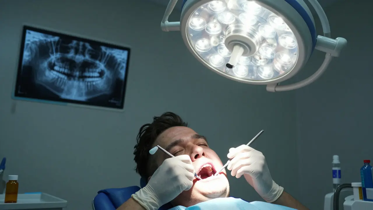 Zubař provádí extrakci zubu, na pozadí rentgen s infekcí v čelisti.