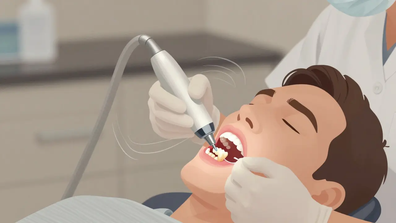 Zubní hygienistka odstraňuje kámen pod dásní pomocí ultrazvukového přístroje, pacient je klidný a spokojený.