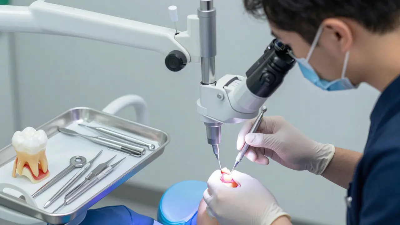Zubní lékař při vkládání sklovinové plomby pomocí mikroskopu a UV světla.