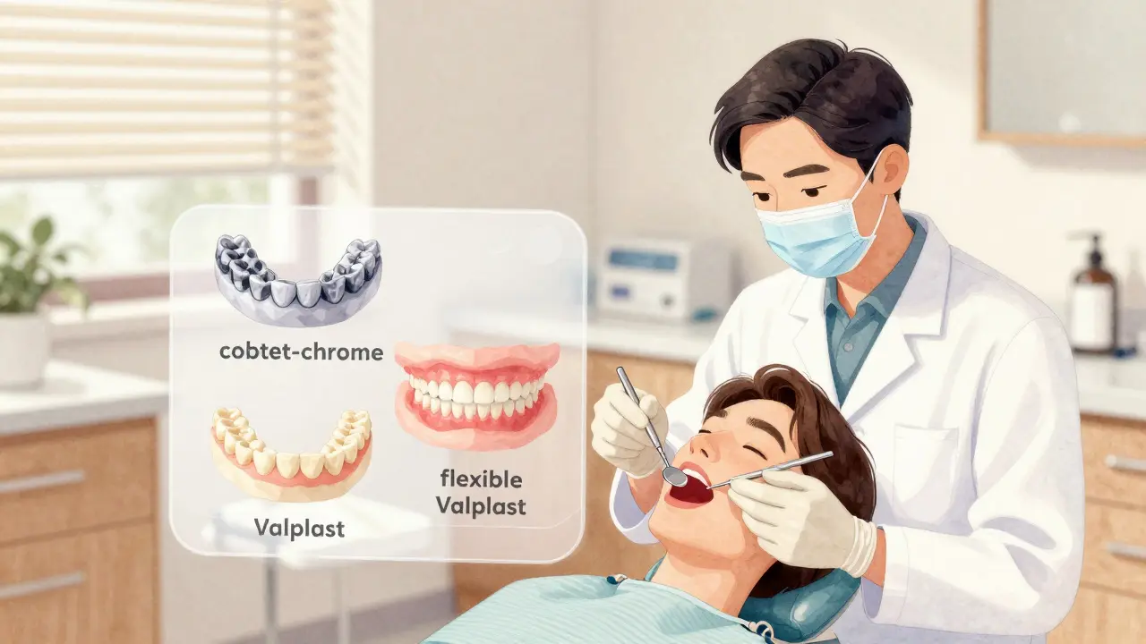 Zubní lékař vyšetřuje pacienta v klinice, vedle nich jsou tři typy protéz.