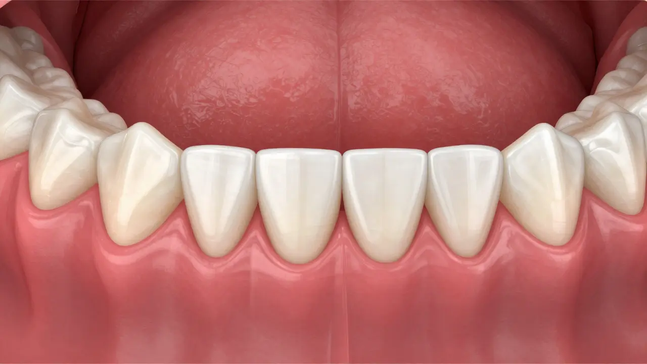 Zubní plak a zánětlivé dásně mezi křivými zuby. Detailní zubní model s viditelným plakem a červenými dásněmi.