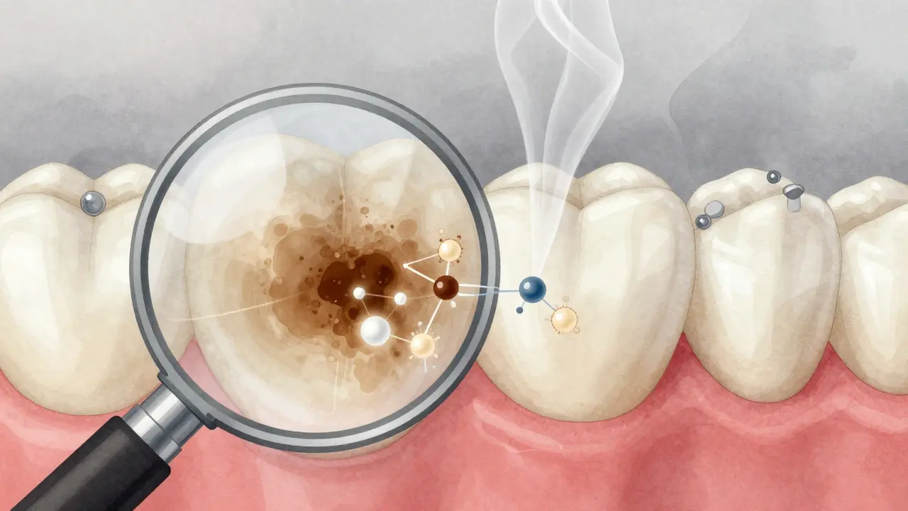 Zvětšený pohled na zuby s odstraňováním skvrn a obnovou sklovinky