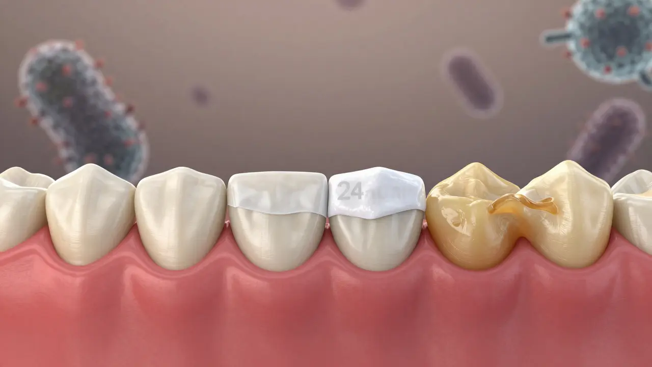 Časový přehled vývoje zubního plaku v zubním kameni s oteklými dásněmi.