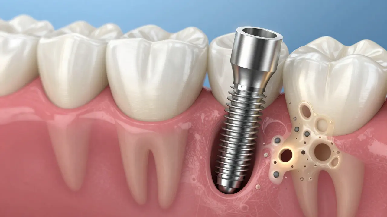Chirurgická ilustrace implantátu v čelistní kosti s regenerujícími kostními buňkami kolem něj.
