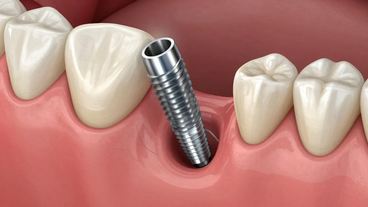 Chirurgický pohled na implantát v kosti čelisti s procesem zacelení.