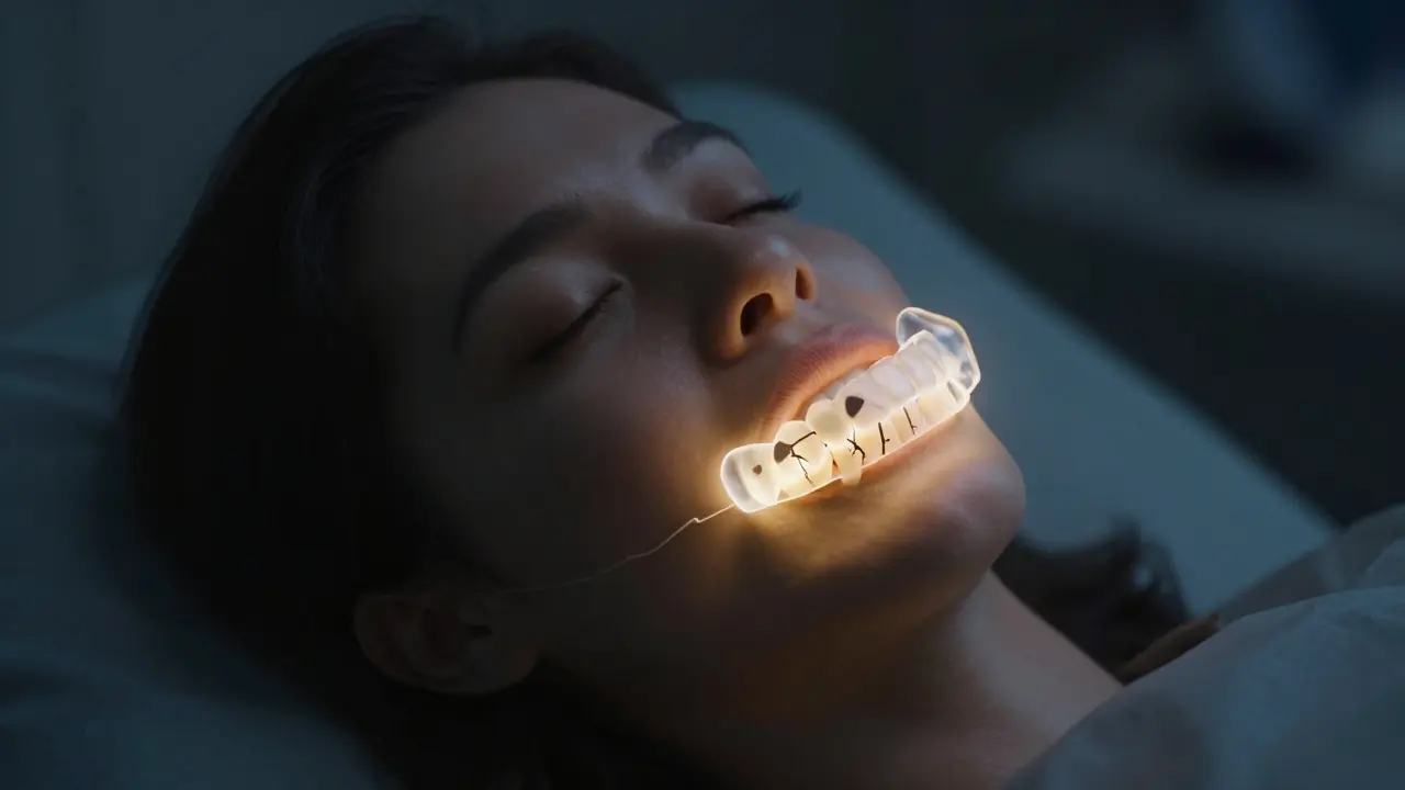 Člověk spí s zubní štěticí, která symbolicky uzavírá praskliny v zubech.