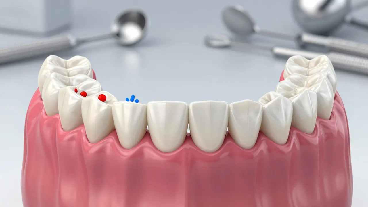 Cross-section of a jaw showing uneven tooth contact being corrected by microscopic enamel removal.