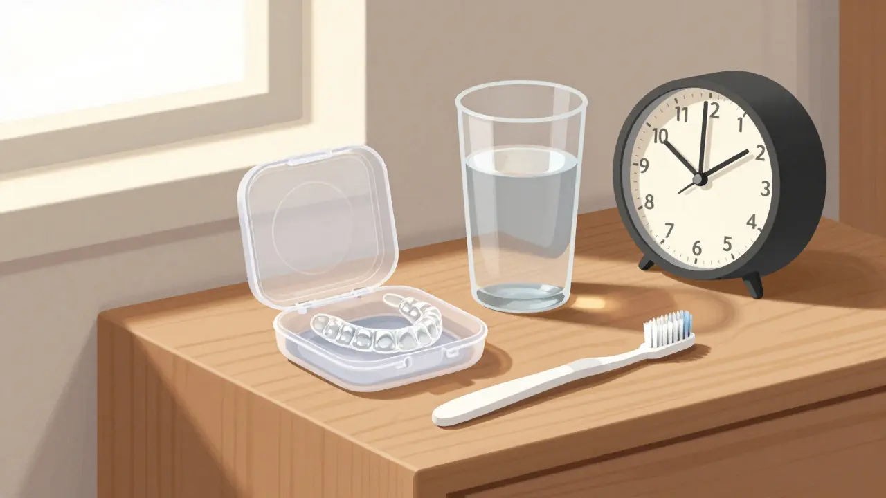 Denní rutina péče o snímací rovnátka: krabička, kartáček a voda na nočním stolku.