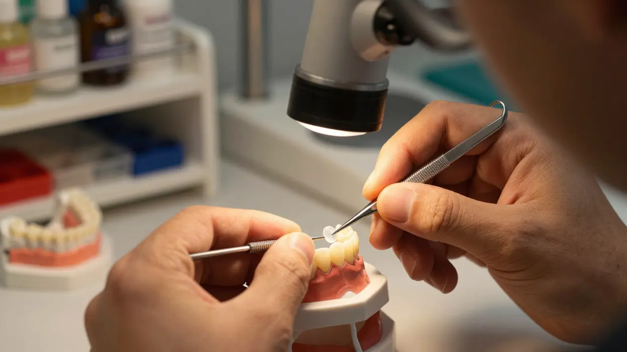Dental technician meticulously crafting a ceramic veneer in a laboratory.