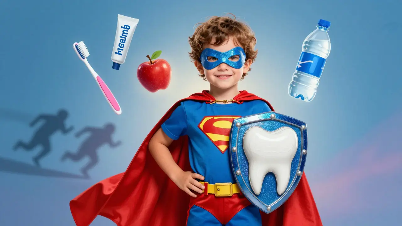 Dítě v kapse jako hrdina s štítem ve tvaru zubu a symboly zdravé hygieny.