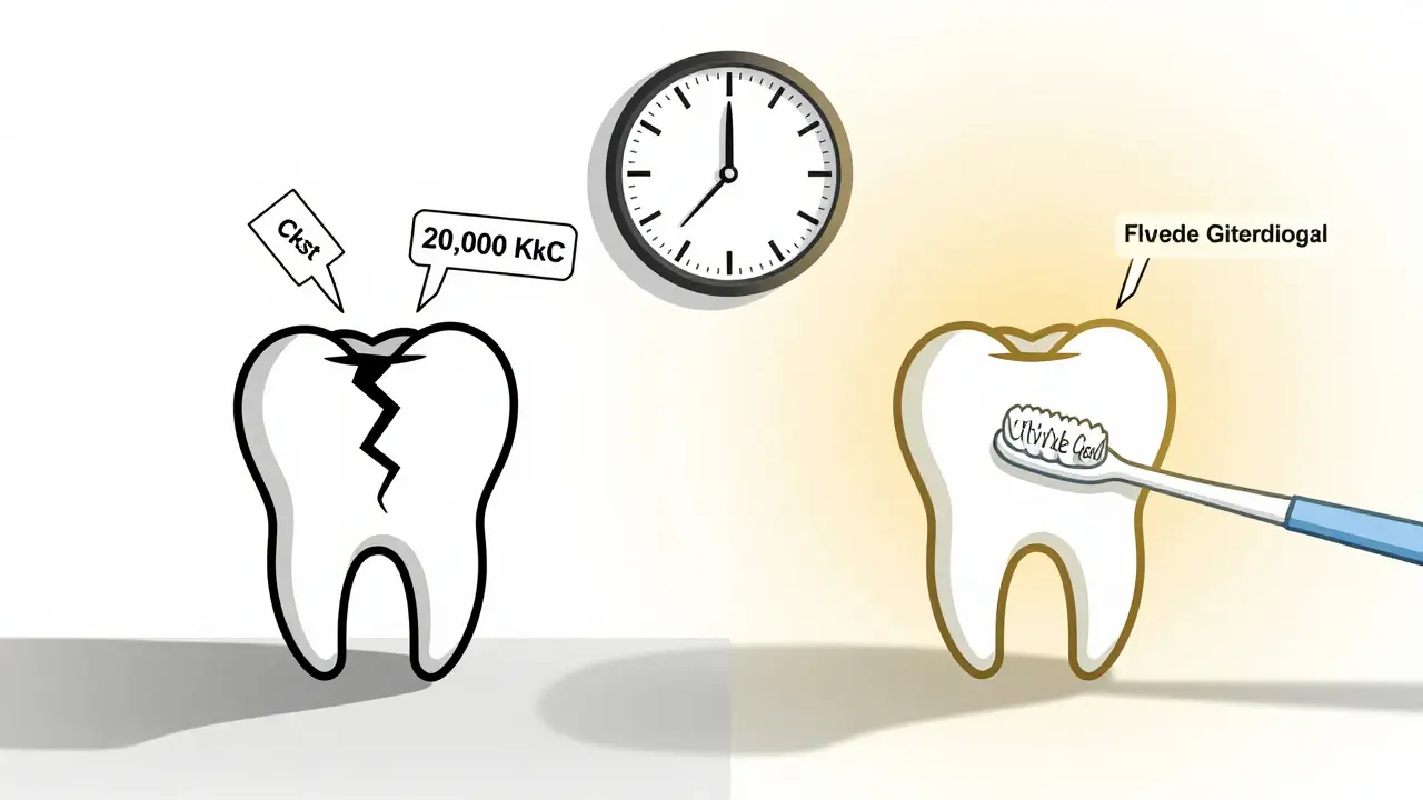 Dva scénáře: zničený zub s vysokými náklady naopak obnovený zub s preventivní péčí.