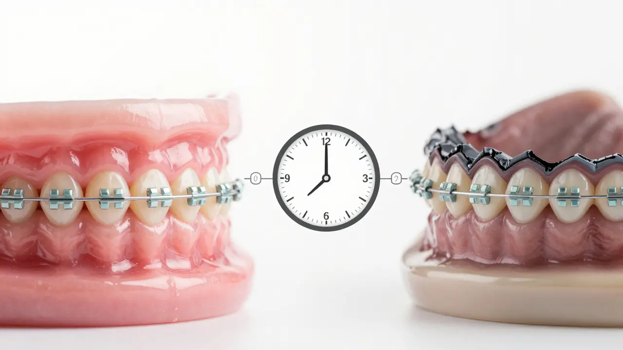 Dvě cesty: zdravé dásně s rovnátky vs. poškozené dásně a ztráta kosti z důvodu špatné hygieny.