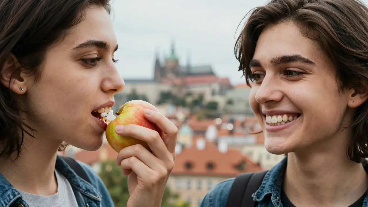 Dvě strany: jedna s přesunutelnými zuby při jídle, druhá s implantáty volného smíchu.