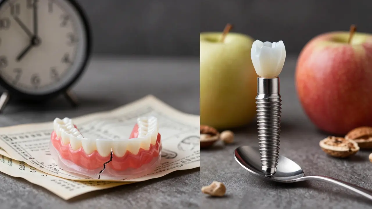 Dvě strany: poškozená protéza a hodiny vs. implantát s jídlem a úsměvem – volba mezi dočasným a trvalým řešením.