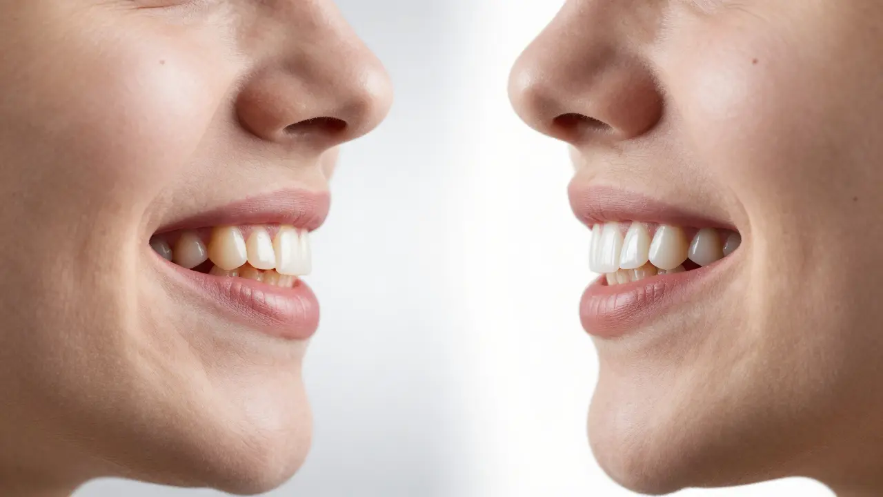 Dvě tváře vedle sebe: jedna s přirozenými zuby, druhá s dokonalými veneerami, symbolizující transformaci úsměvu.