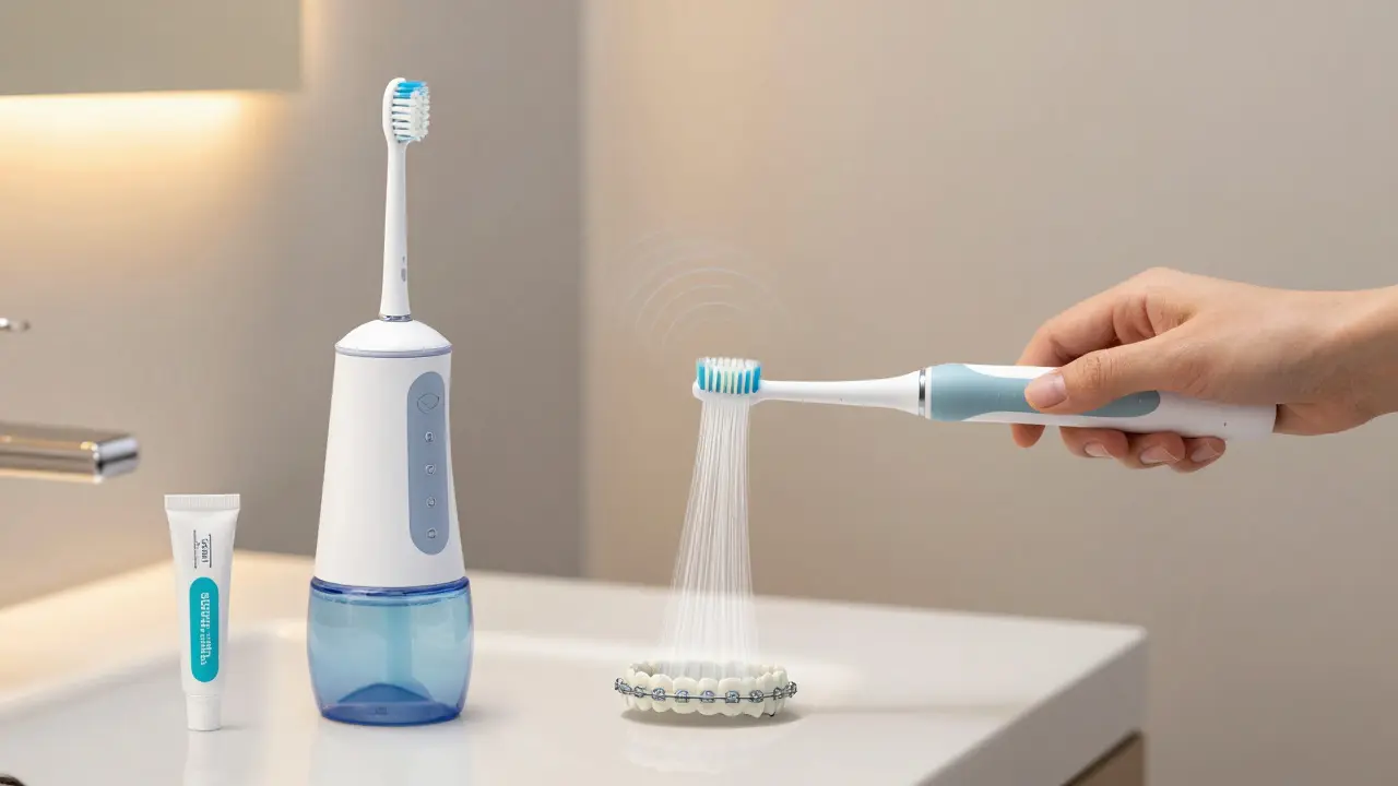 Elektrický kartáček, vodní čistič a fluoridový gel na stole pro denní ústní hygienu.