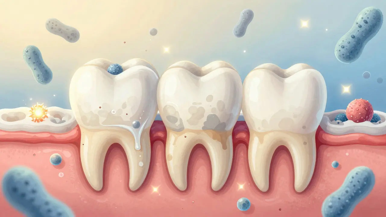 Ilustrace remineralizace zubní skloviny fluoridem pod mikroskopem.