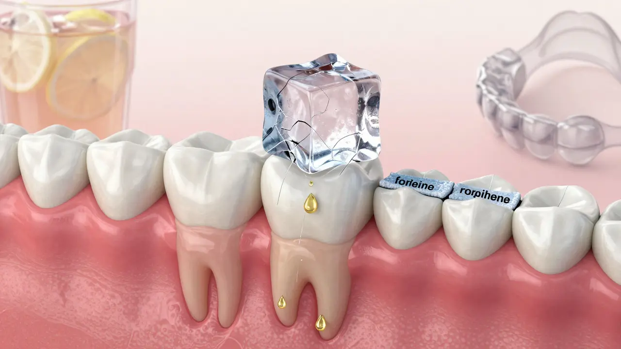 Kapky ledu pronikají do mikroskopických trubiček v zubu, zatímco ochranné látky zavírají cesty k nervu.