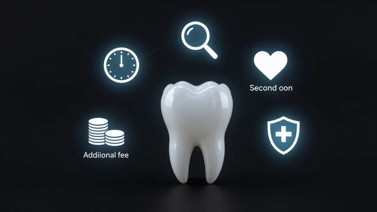 Koronka chrání zub, kolem ní symbolické prvky reprezentující náklady a výběr.