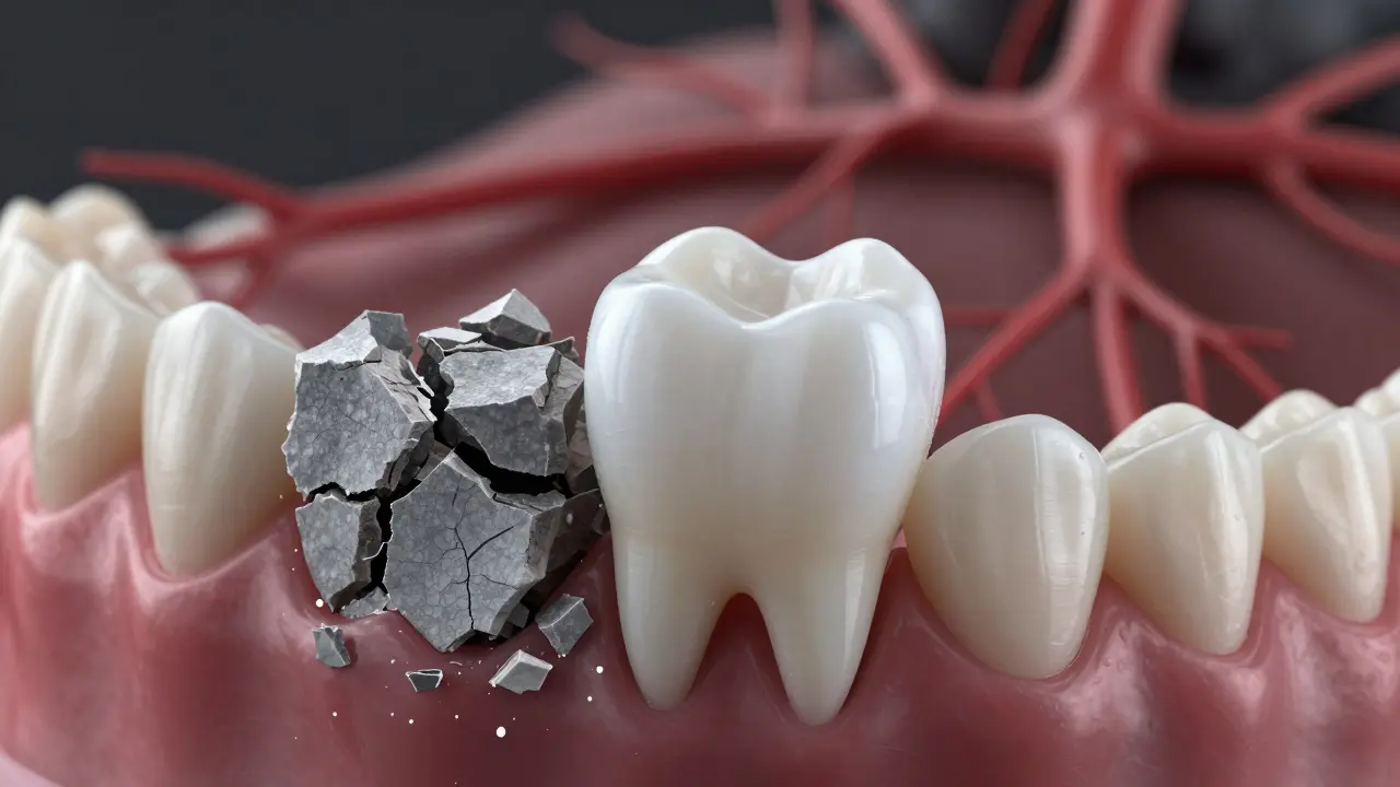 Mrtvý zub se rozpadá, zatímco keramická korunka ho chrání a obnovuje funkci