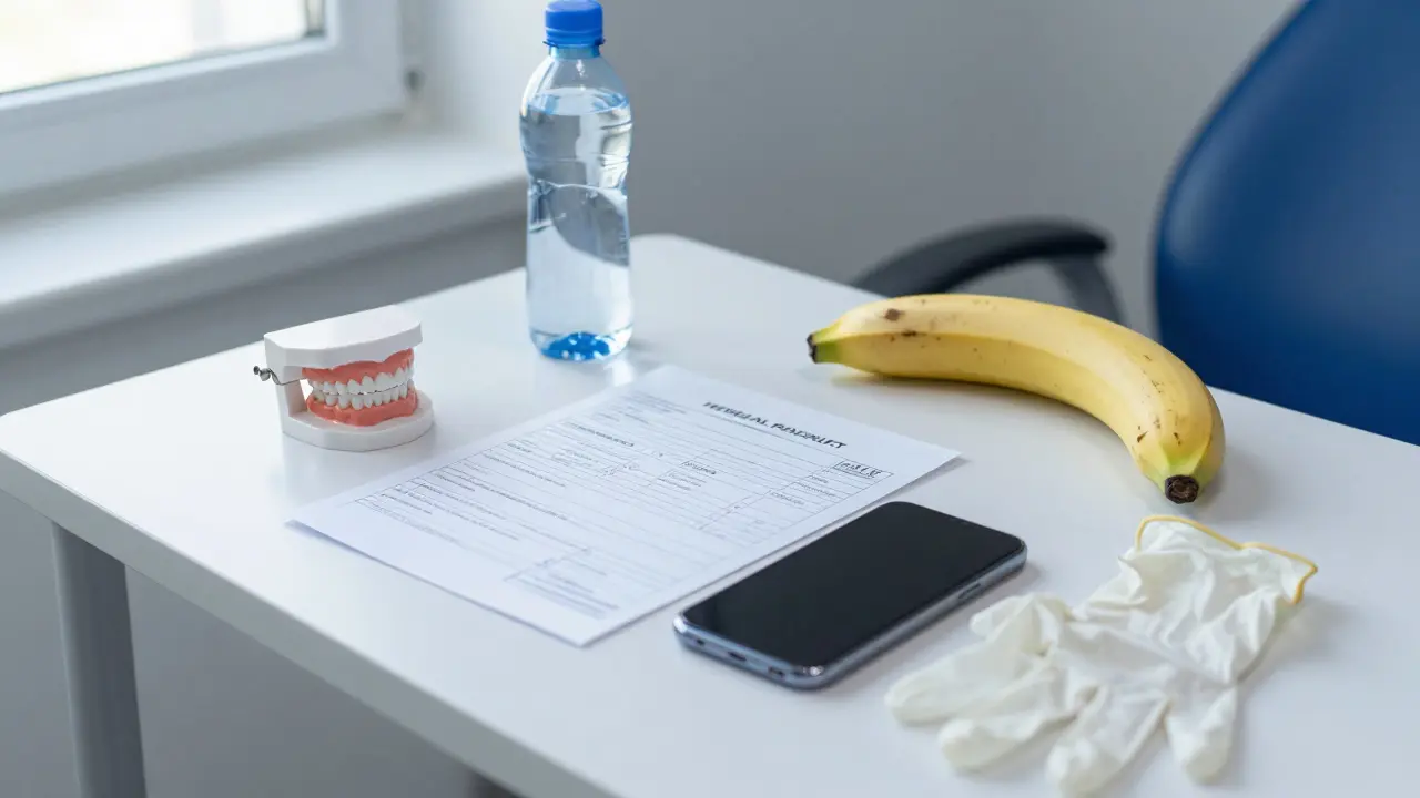 Na stole v zubní pohotovosti leží klíčové věci: protéza, léky, voda, telefon a lehká potravina.