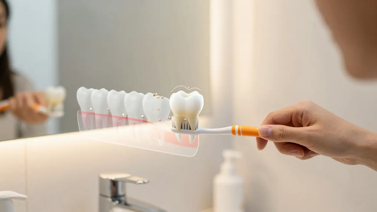 Osoba jemně čistí zuby měkkým kartáčkem v koupelně s odrazem v zrcadle