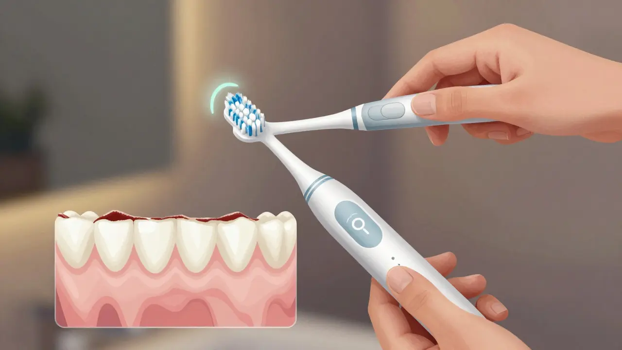 Osoba používá elektrický kartáček s indikací přílišného tlaku, s transparentním zobrazením poškození zubní emalě.