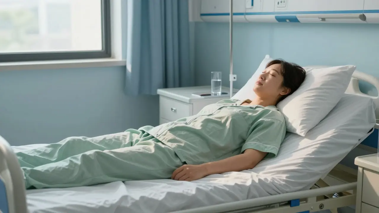 Pacient v pohodlném pyžamu v nemocničním pokoji