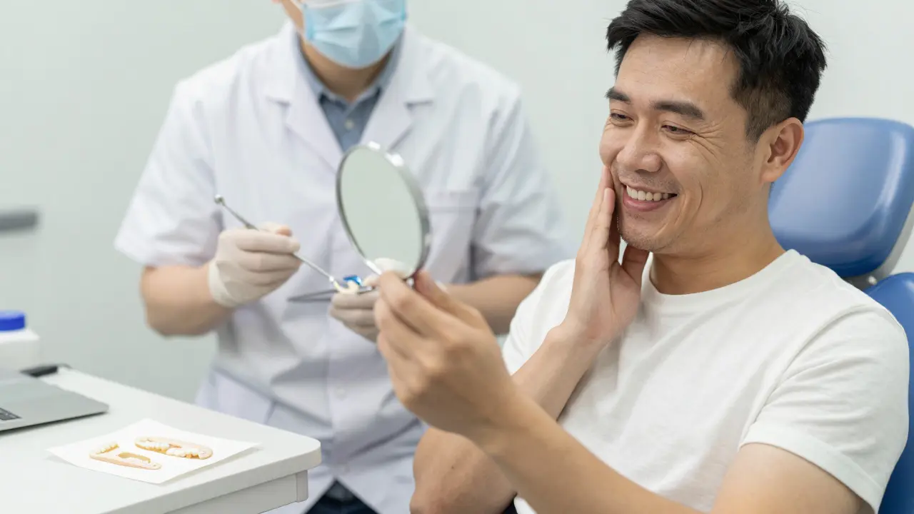 Patient smiling after Deflex treatment, holding a mirror as dentist works in the background.