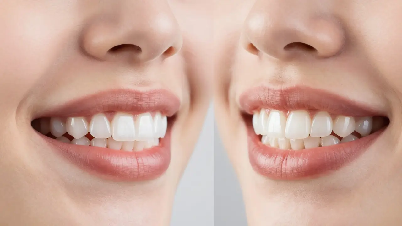 Porovnání přirozených a nepravděpodobně bílých zubních fazet v detailu.