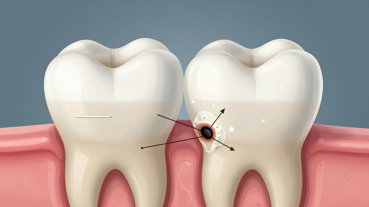 Přehledný průřez zubu s počátečními znaky kazu kolem zámků od rovnátek.