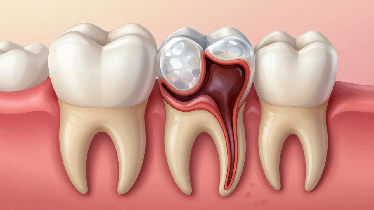 Příčný řez zubem s ukázkou kávového poškození a estetické plomby.
