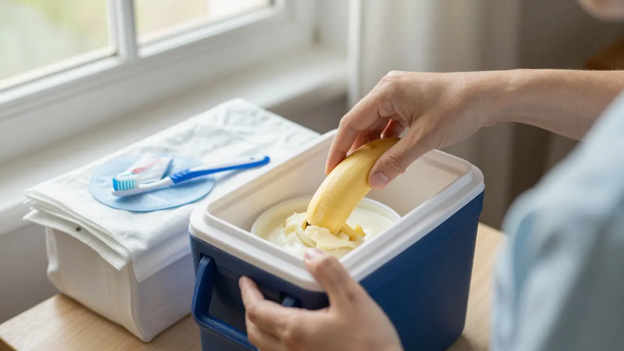 Příprava měkké stravy a chladicího balíčku doma před zákrokem.