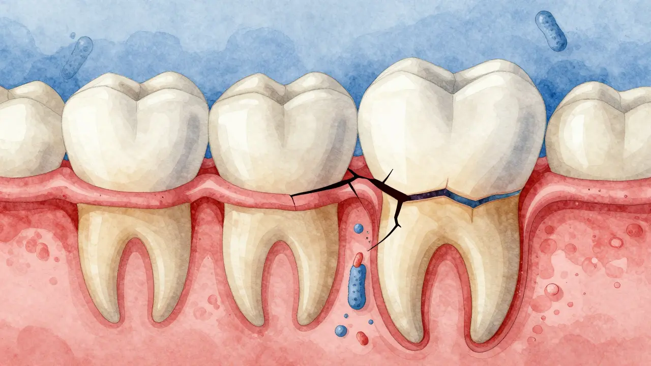 Průřez zubem ukazující prasklinu procházející email a dentinu s bakteriemi.